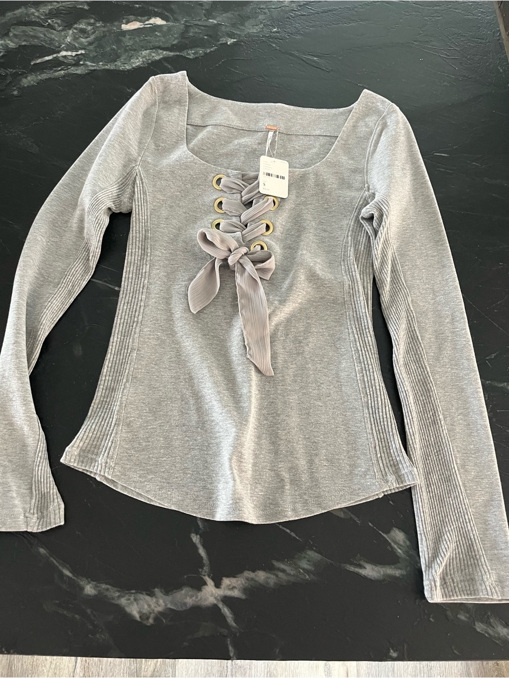 Free People Gray Lace-Up Ribbed Long Sleeve Top